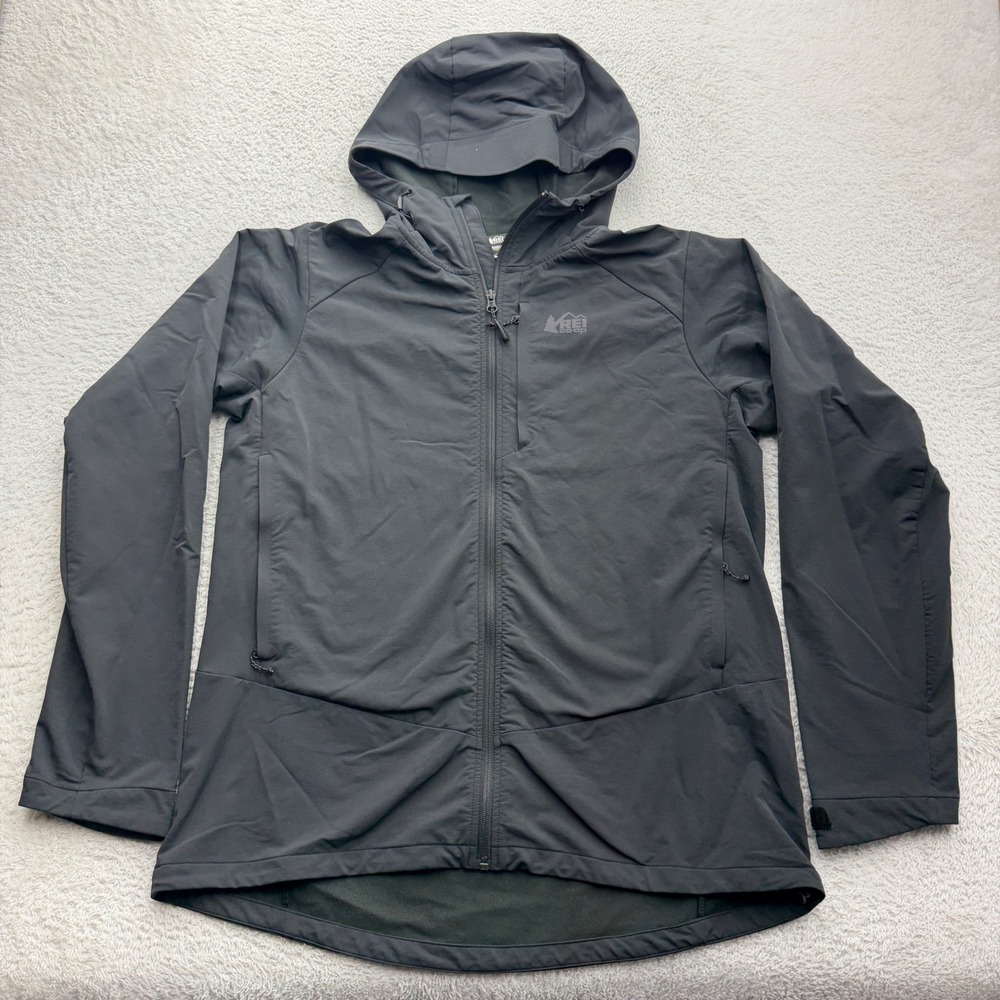 REI Co-op Mens Large Charcoal Gray Softshell Hooded Full Zip Jacket Technical
